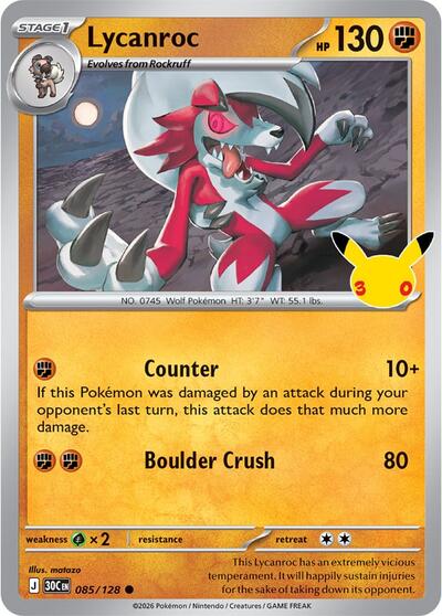 Lycanroc - 085/128 - ME: 30th Celebration Pokémon spoiler