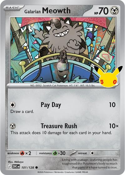 Galarian Meowth - 101/128 - ME: 30th Celebration Pokémon spoiler